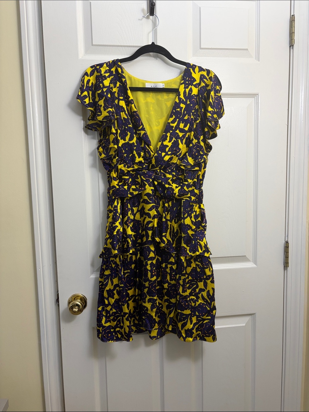 A.L.C. Yellow and Navy Floral Ruffle Wrap Dress